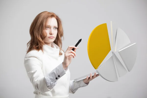 Kvinnan visar ett cirkeldiagram, cirkel diagrammet. Analytics affärsidé. — Stockfoto