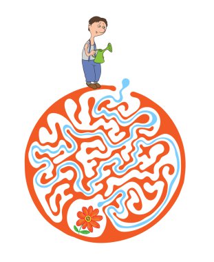 Labirent puzzle için çocuklar ile bahçıvan ve çiçek. Labirent illüstrasyon, dahil çözüm.
