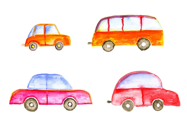 Transport set: cars and bus, hand-drawn watercolor illustration. — Stock Photo, Image