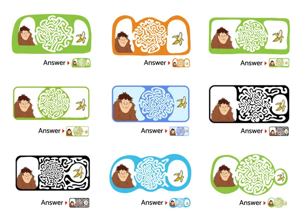 Комплект лабиринта головоломки для детей с обезьяной и бананом. Иллюстрация лабиринта, включая решение . — стоковый вектор