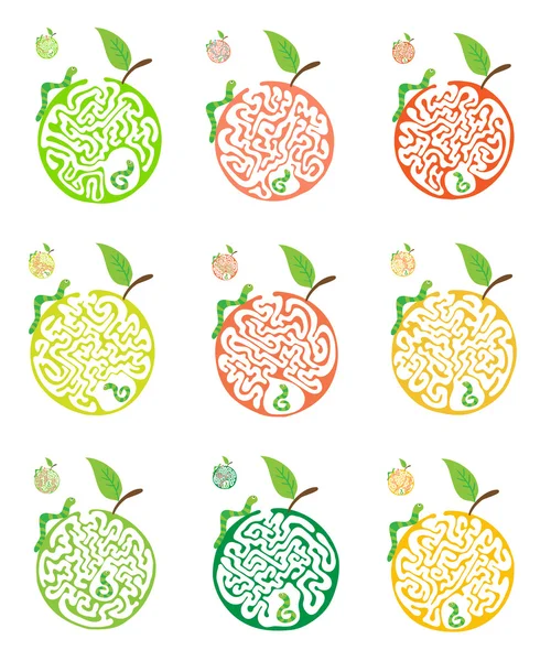 Set di puzzle labirinto per bambini con bruchi e mela. Illustrazione del labirinto, soluzione inclusa . — Vettoriale Stock