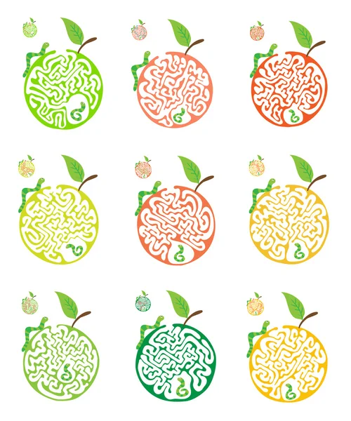 Conjunto de rompecabezas de laberinto para niños con orugas y manzana. Laberinto ilustración, solución incluida . — Vector de stock