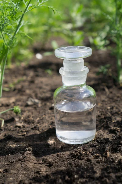 Vloeistof in chemische ware op een achtergrond van planten, meststoffen en pesticiden in de tuin. — Stockfoto