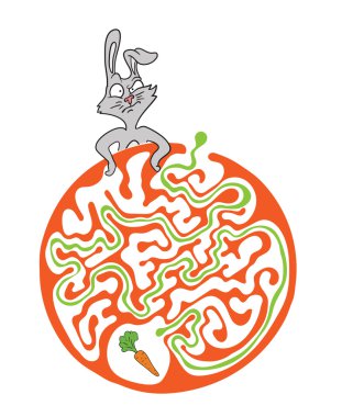 Labirent puzzle için çocuklar tavşan ve havuç ile. Labirent illüstrasyon, dahil çözüm.