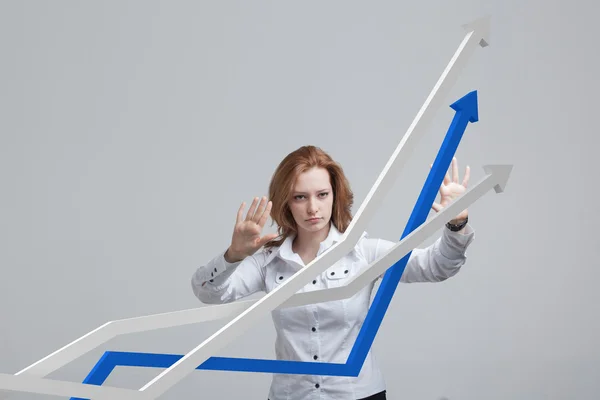 Businesswoman working with growth graph on grey background — Stock Photo, Image