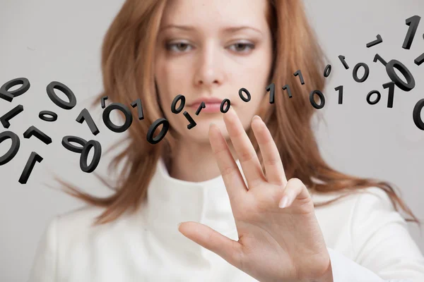 Woman working with binary code, concept of digital technology. — Stock Photo, Image