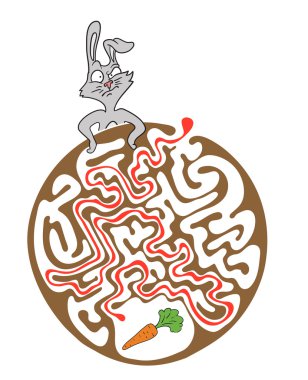 Labirent puzzle için çocuklar tavşan ve havuç ile. Labirent illüstrasyon, dahil çözüm.