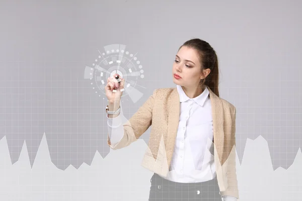 Young woman working with graph chart. Future technologies for busines, stock market concept. — Stock Photo, Image