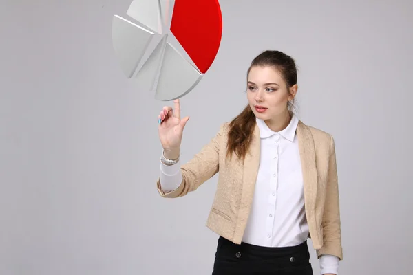 Frau zeigt ein Kuchendiagramm, Kreisdiagramm. Business Analytics Konzept. — Stockfoto