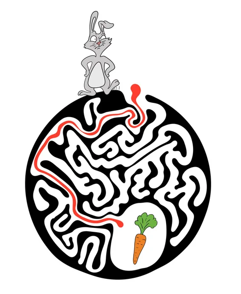 Puzzle labyrinthe pour enfants avec lapin et carotte. Illustration de labyrinthe, solution incluse . — Image vectorielle