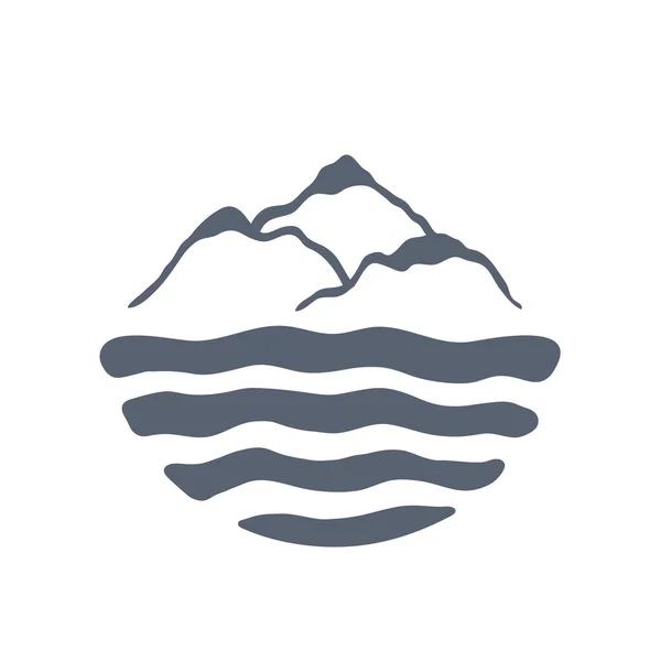 Ligne de montagnes au-dessus d'un lac, d'une mer ou d'un océan, illustration vectorielle de logo extérieur . — Image vectorielle