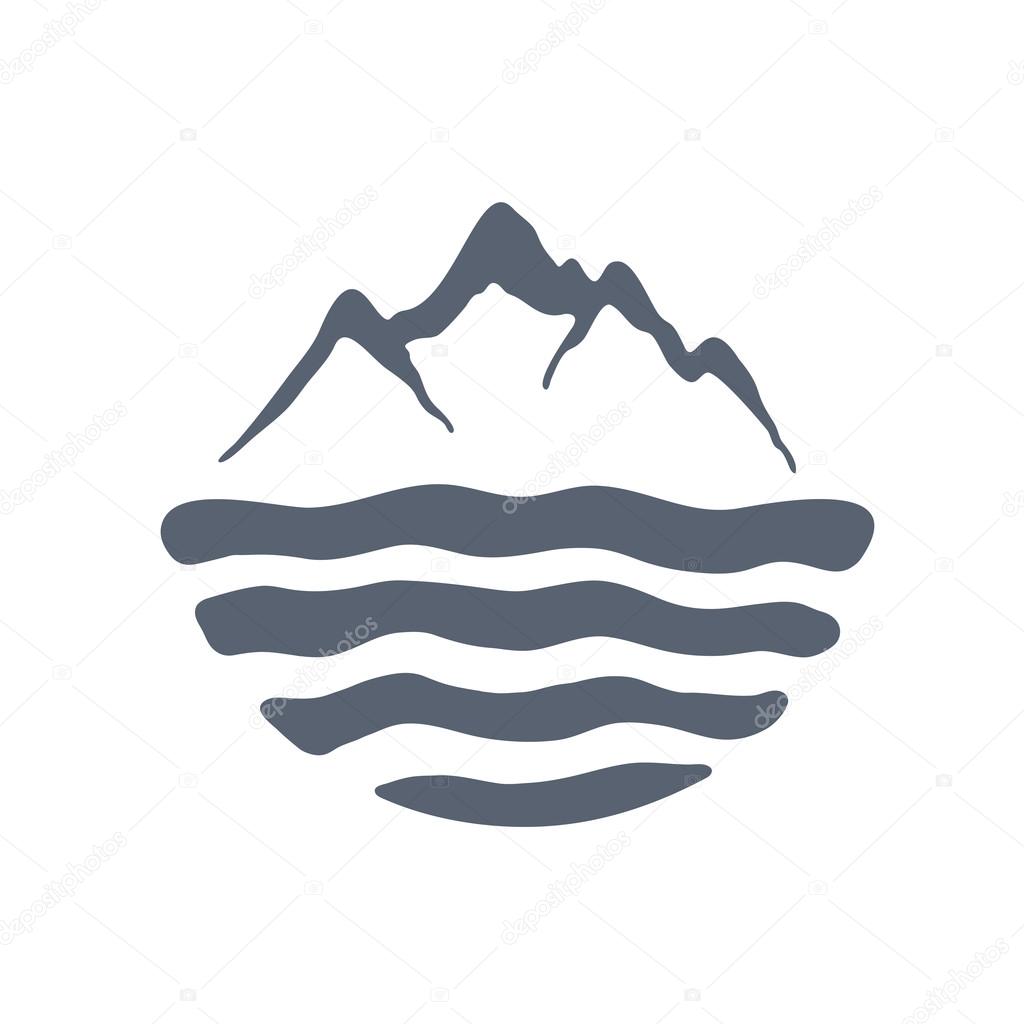 Mountain range or island over a lake, sea or ocean, outdoor logo vector illustration.