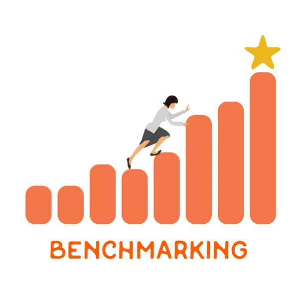 Donna d'affari che sale sul grafico finanziario in aumento. Illustrazione del concetto di sviluppo e benchmarking delle imprese. Vettore . — Vettoriale Stock