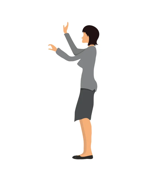Mujer de negocios de pie y mostrando o tocando algo. Ilustración vectorial, aislada sobre fondo blanco . — Vector de stock