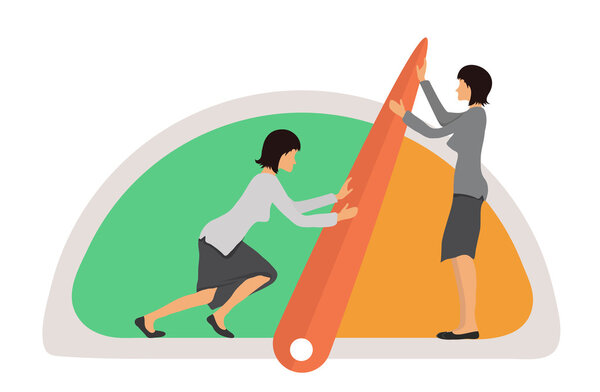 Концепция бенчмаркинга. Две женщины и спидометр, манометр или общие индикаторы с иглами, векторами
