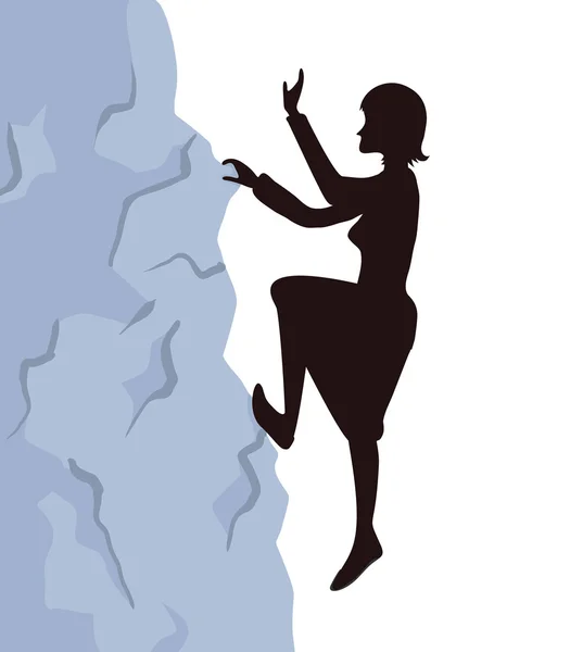 La donna sale sulla roccia fino alla cima della montagna. Raggiungere il concetto di obiettivo, illustrazione vettoriale . — Vettoriale Stock