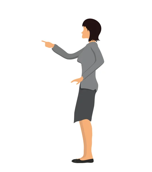 Mujer de negocios señalando con un dedo. Ilustración vectorial, aislada sobre fondo blanco . — Vector de stock