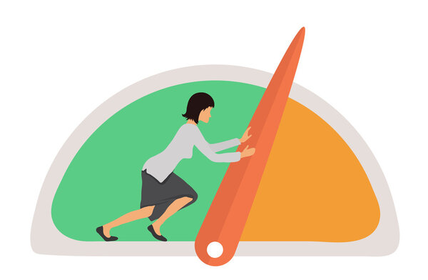 Концепция бенчмаркинга. Женский и спидометр, манометр или общие индикаторы с иглами, векторами
