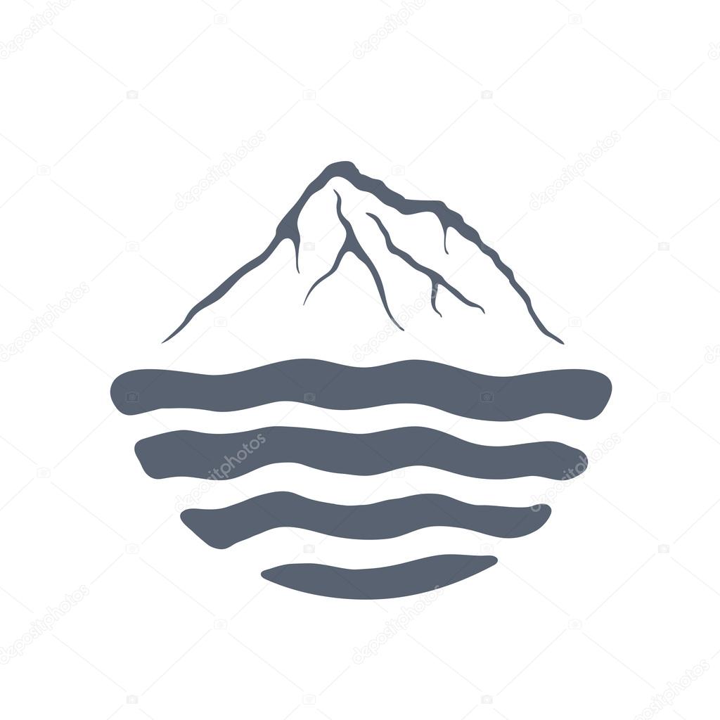 Mountain range or island over a lake, sea or ocean, outdoor logo vector illustration.