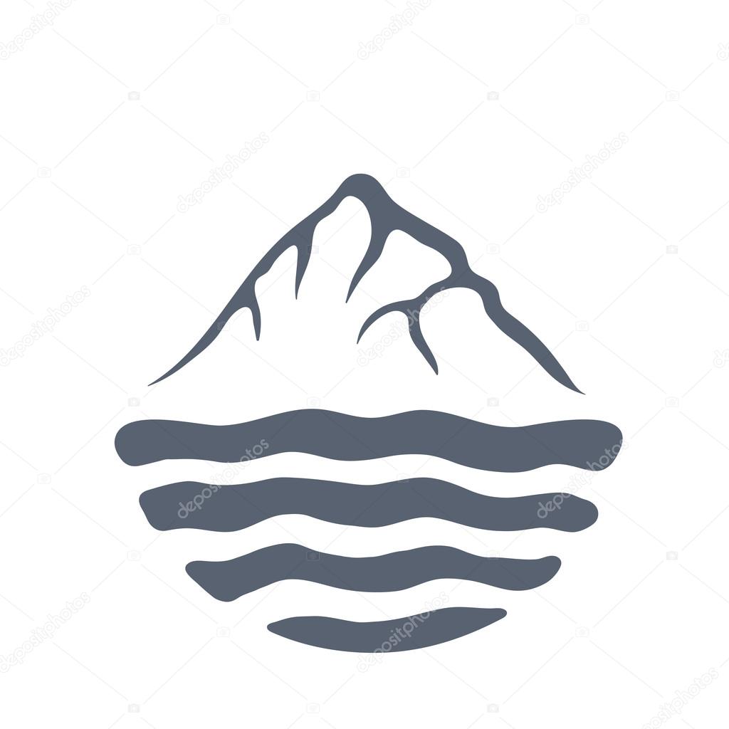 Mountain range or island over a lake, sea or ocean, outdoor logo vector illustration.