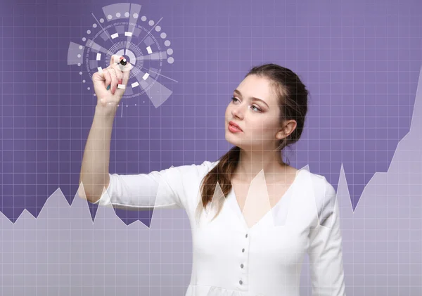 Young woman working with graph chart. Future technologies for busines, stock market concept. — Stock Photo, Image