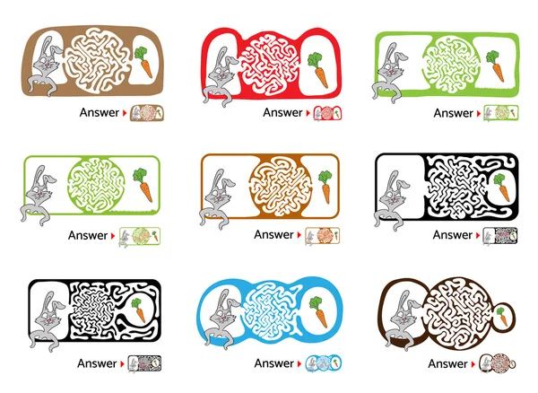 Zestaw labirynt puzzle dla dzieci z królik i marchewki. Labirynt ilustracja, rozwiązanie zawarte. — Wektor stockowy
