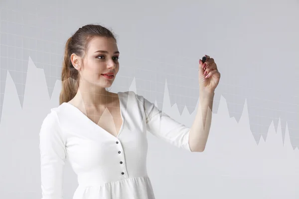 Young woman working with graph chart. Future technologies for busines, stock market concept. — Stock Photo, Image