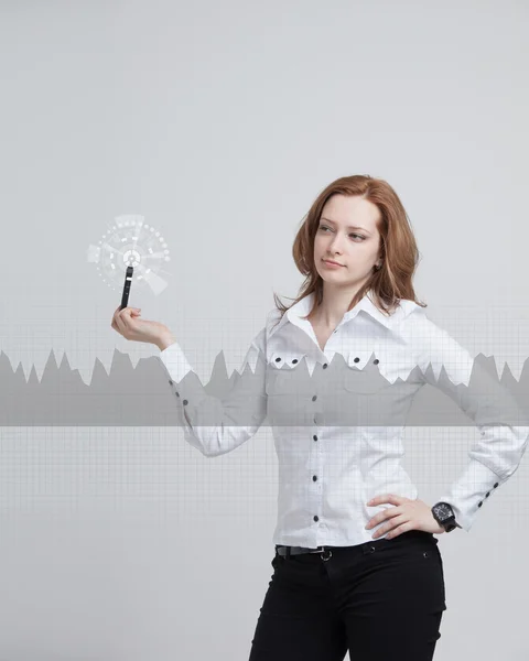 Mujer joven trabajando con gráfico gráfico. Tecnologías futuras para las empresas, concepto de mercado de valores . — Foto de Stock