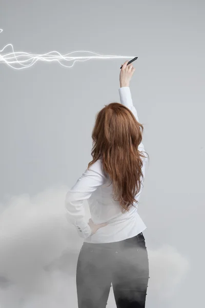 Woman making magic effect - flash lightning. The concept of electricity, high energy. — Stock Photo, Image