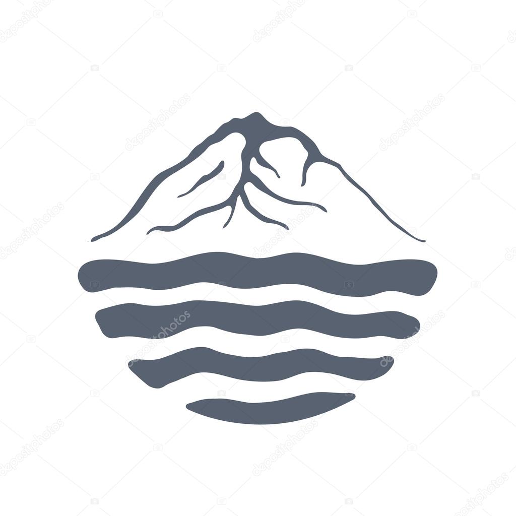 Mountain range or island over a lake, sea or ocean, outdoor logo vector illustration.