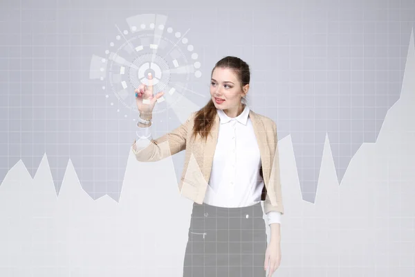 Young woman working with graph chart. Future technologies for busines, stock market concept — Stock Photo, Image