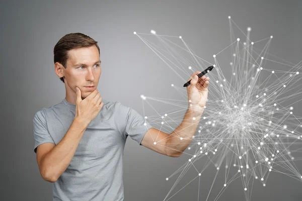 Hombre trabajando con puntos vinculados. Concepto de conexión inalámbrica . —  Fotos de Stock