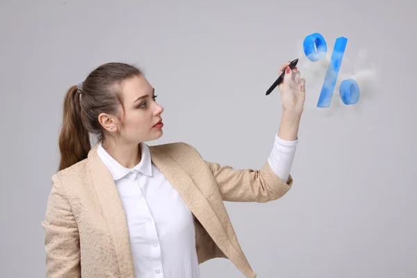 Woman showing symbol of percent. Bank Deposit or Sale concept. — Stock Photo, Image