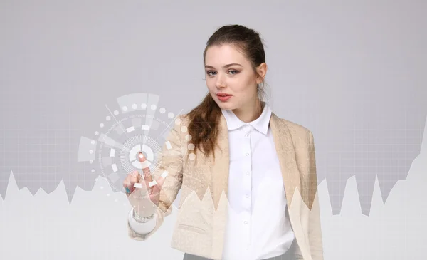 Young woman working with graph chart. Future technologies for busines, stock market concept — Stock Photo, Image