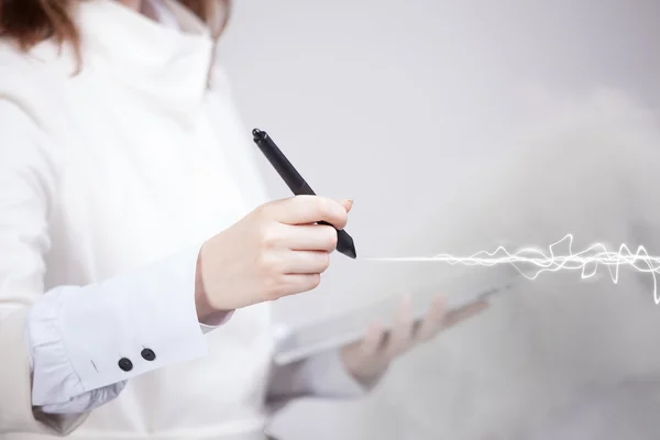 Woman making magic effect - flash lightning. The concept of electricity, high energy. — Stock Photo, Image