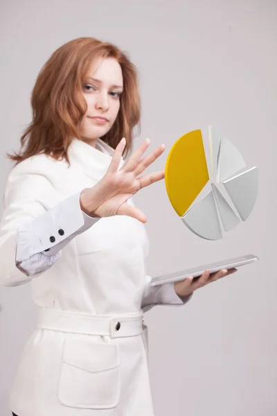 Frau zeigt ein Kuchendiagramm, Kreisdiagramm. Business Analytics Konzept. — Stockfoto