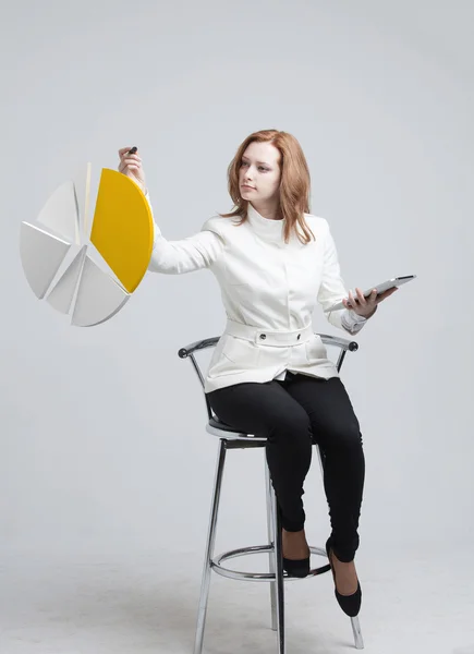 Frau zeigt ein Kuchendiagramm, Kreisdiagramm. Business Analytics Konzept. — Stockfoto