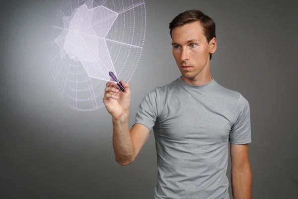 Hombre trabajando con interfaz interactiva Sci-Fi HUD . — Foto de Stock