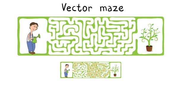 Vektorlabyrinth mit Gärtner und Pflanze. — Stockvektor