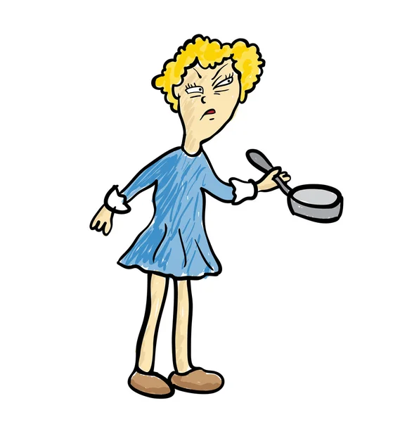 Dissatisfied woman with a frying pan, vector. — Stock Vector