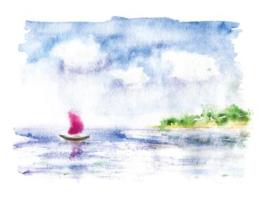 Denizde yelkenli tekne ile suluboya manzara