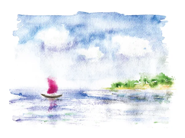 Paisagem aquarela com barco à vela no mar — Vetor de Stock