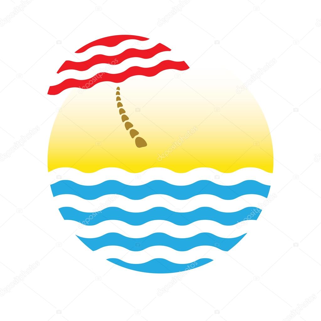 Beach umbrella and sea, vector tourism logo
