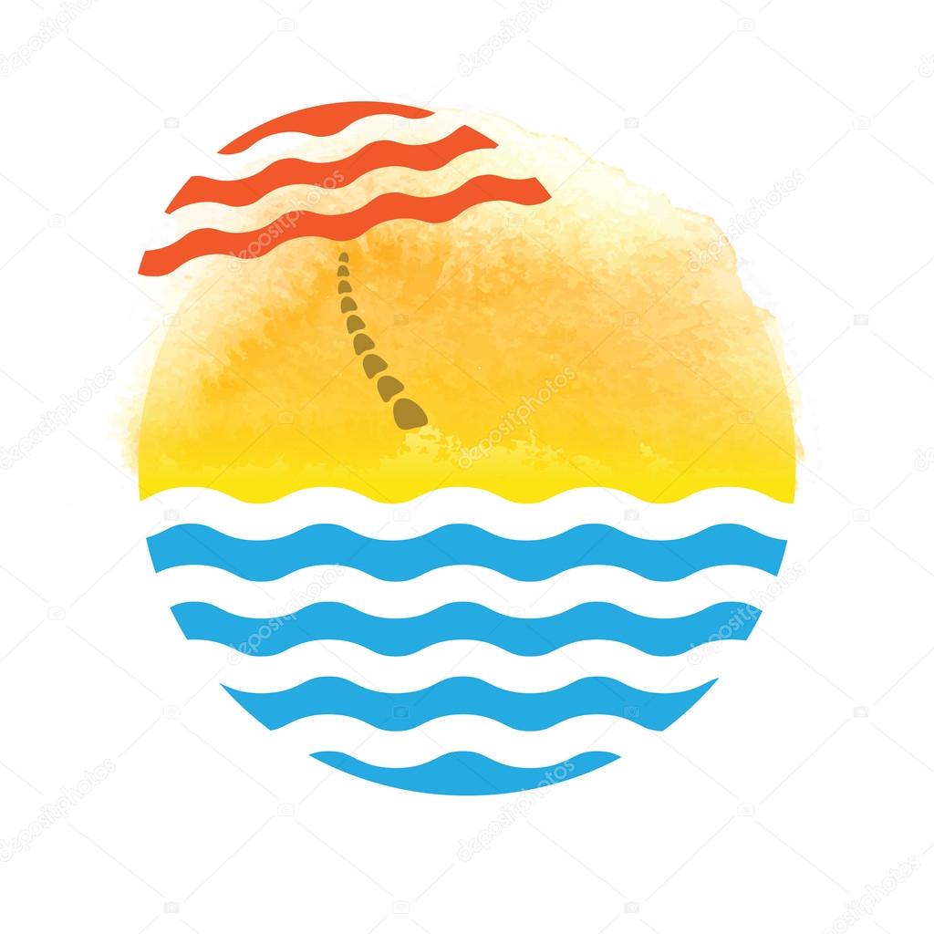Beach umbrella and sea, tourism logo