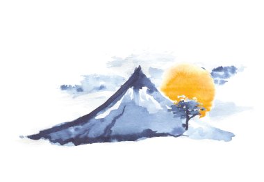 Mountain Fuji and sun, japanese art, vector clipart