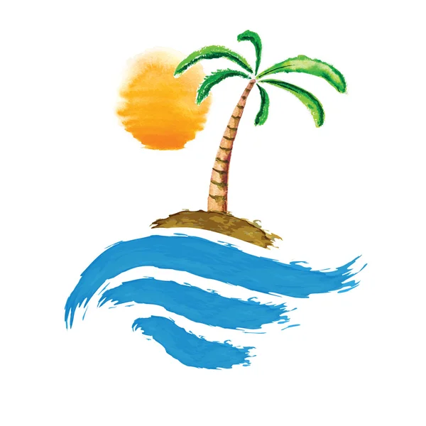 Palma tropicale sull'isola con mare. logo vettoriale . — Vettoriale Stock