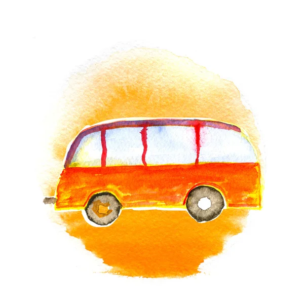 Childs tekening bus auto tegen de zon. — Stockfoto