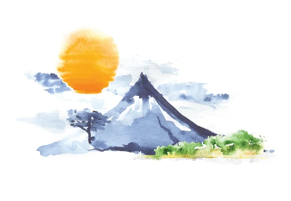 Hora Fudži a slunce, japonské umění, vektor — Stockový vektor