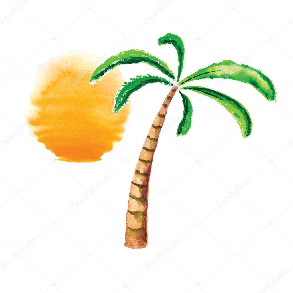 Watercolor palm tree and sun. Vector logo illustration.