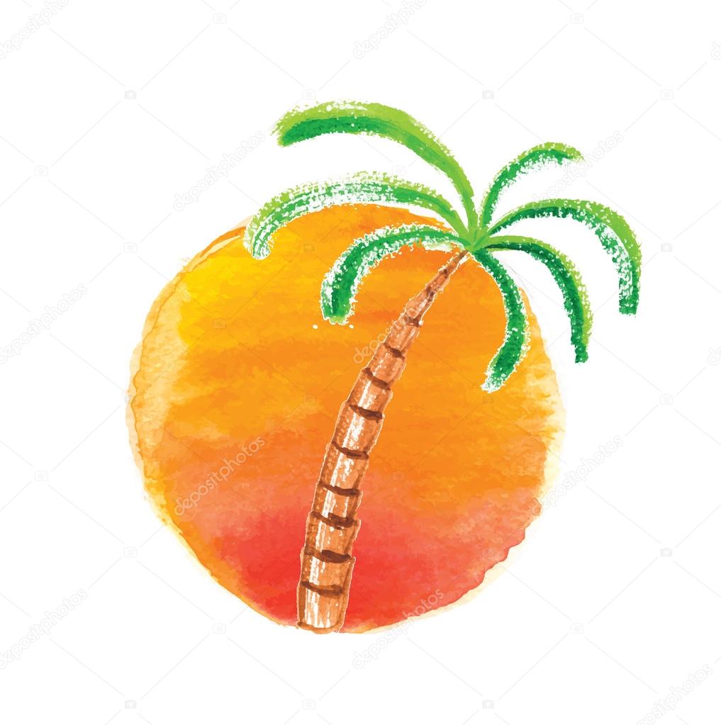 Watercolor palm tree against the sun. Vector logo illustration.